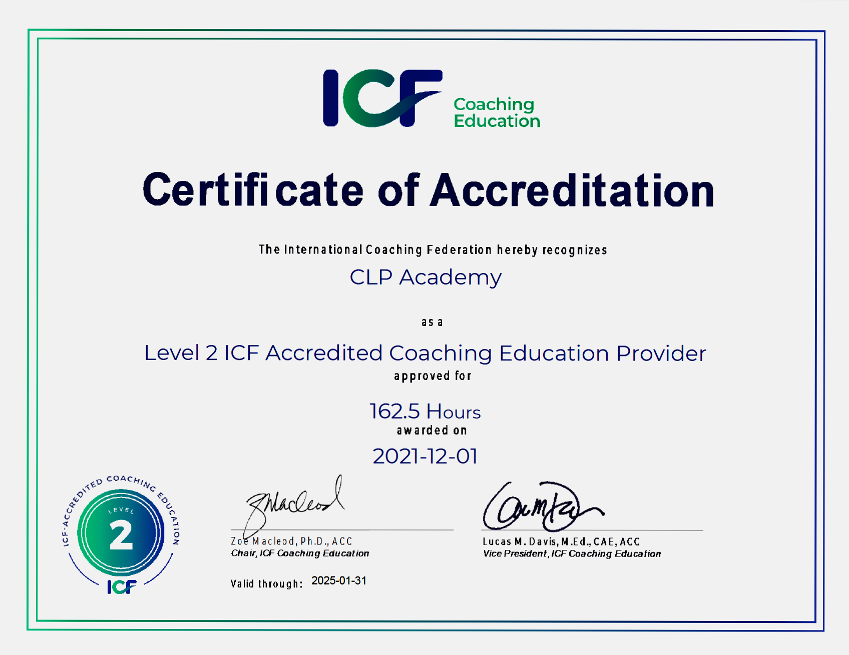 ICF Akkreditierung für das Legal Coaching Training Program der CLP-Academy