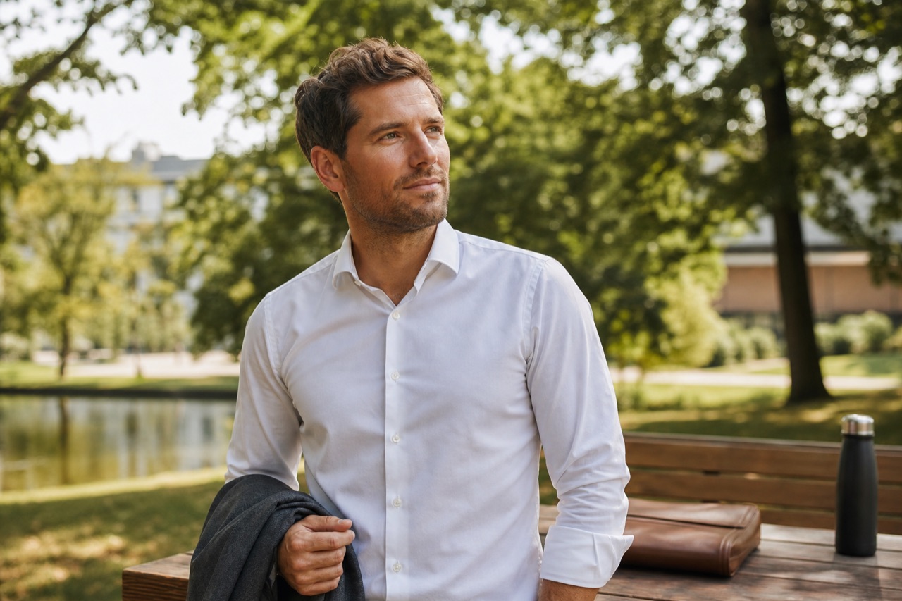 Anwalt steht entspannt in einem Park während einer Mittagspause und gewinnt mentale Distanz vom Kanzleialltag.
