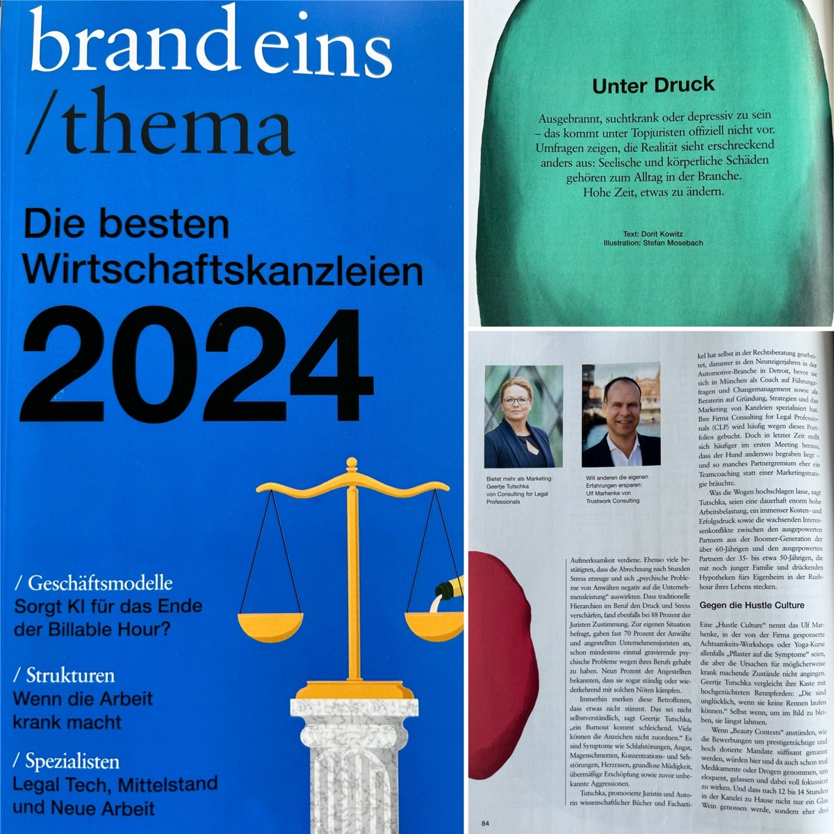 brand eins thema „Die besten Wirtschaftskanzleien 2024“ mit dem Beitrag „Unter Druck“ und Dr. Geertje Tutschka im Experten-Interview