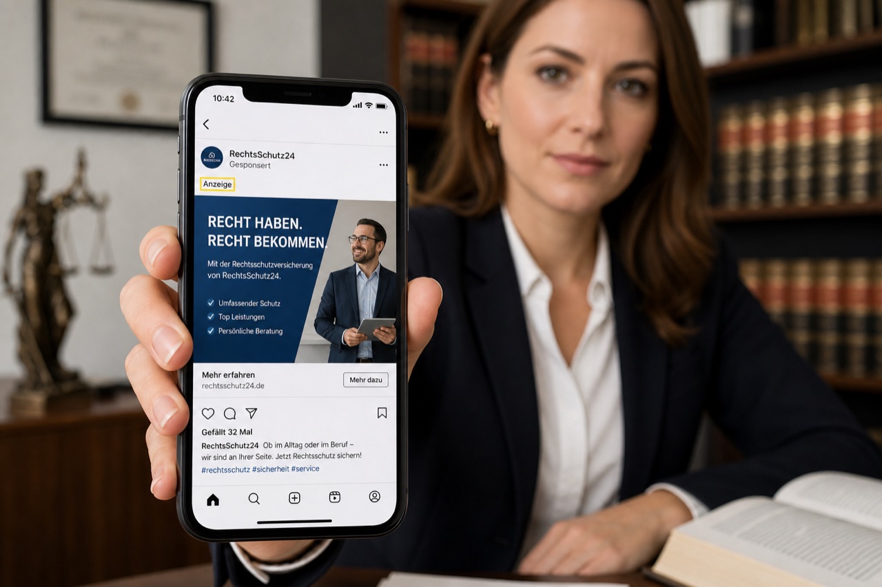Smartphone-Bildschirm mit einem Social-Media-Beitrag, der deutlich als Werbung gekennzeichnet ist, gehalten von einer Juristin.