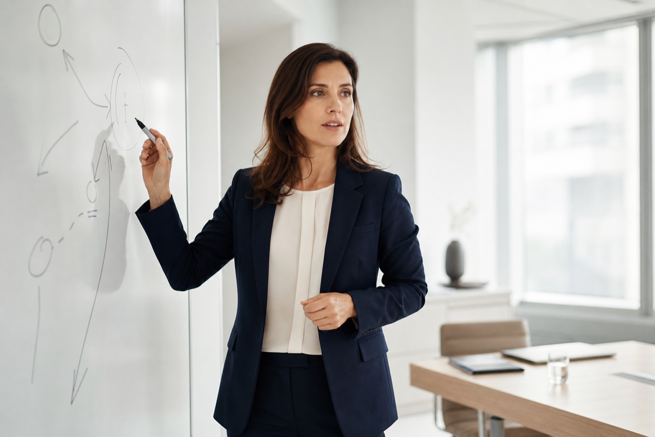 Anwältin entwickelt am Whiteboard die strategische Positionierung ihrer neu gegründeten Kanzlei.