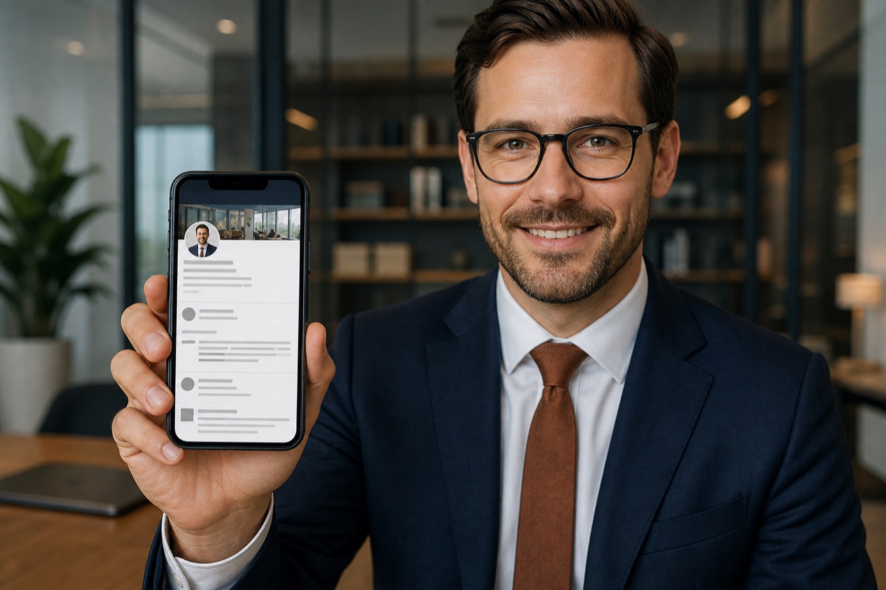 Anwalt betrachtet das LinkedIn-Profil seiner Kanzlei auf dem Smartphone im Büro.