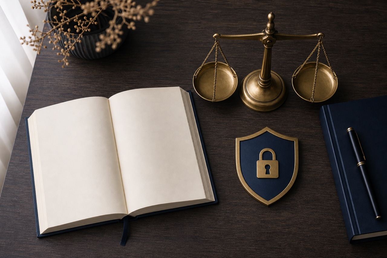 Juristische Waage neben einem aufgeschlagenen Gesetzbuch und einem Datenschutz-Symbol, die den berufsrechtlichen Rahmen beim KI-Einsatz symbolisieren.