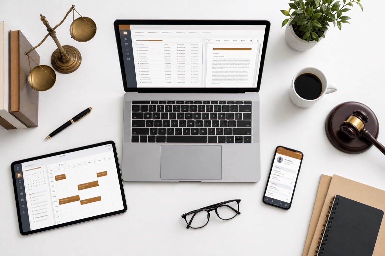 Verschiedene KI-Software-Oberflächen auf Laptop, Tablet und Smartphone zeigen die digitale Werkzeugvielfalt moderner Rechtsanwaltskanzleien.