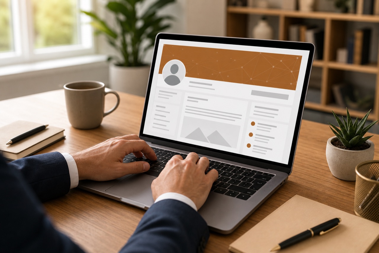 Rechtsanwalt pflegt sein professionelles LinkedIn-Profil auf dem Laptop, um systematisch Sichtbarkeit aufzubauen.