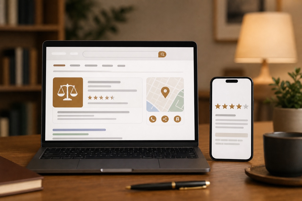 Laptop und Smartphone zeigen die digitale Online-Präsenz einer Kanzlei in Suchergebnissen und Google Business Profile.