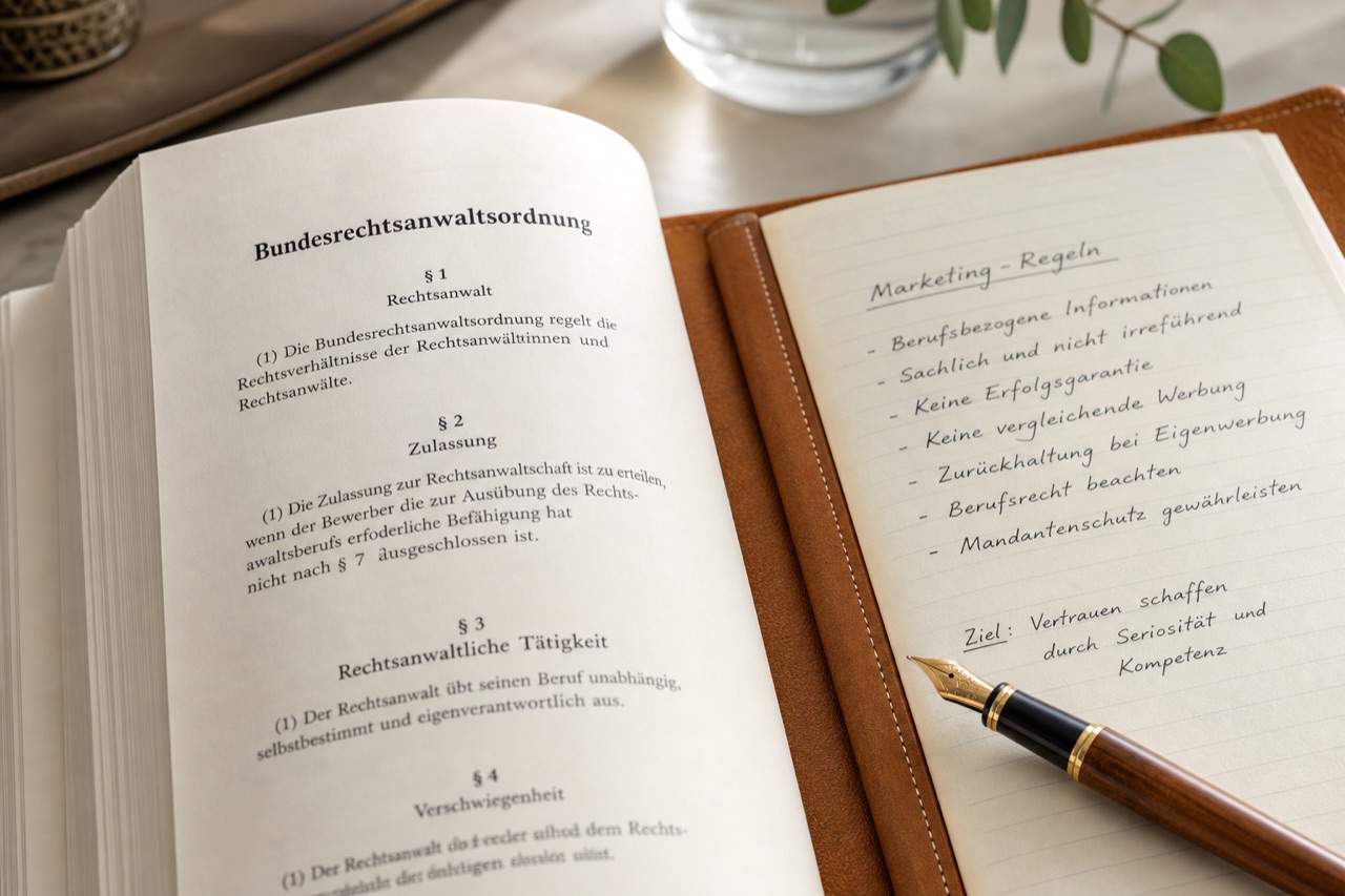 Aufgeschlagenes Gesetzbuch zur Bundesrechtsanwaltsordnung neben einem Notizbuch mit Notizen zu Marketingregeln für Anwälte.