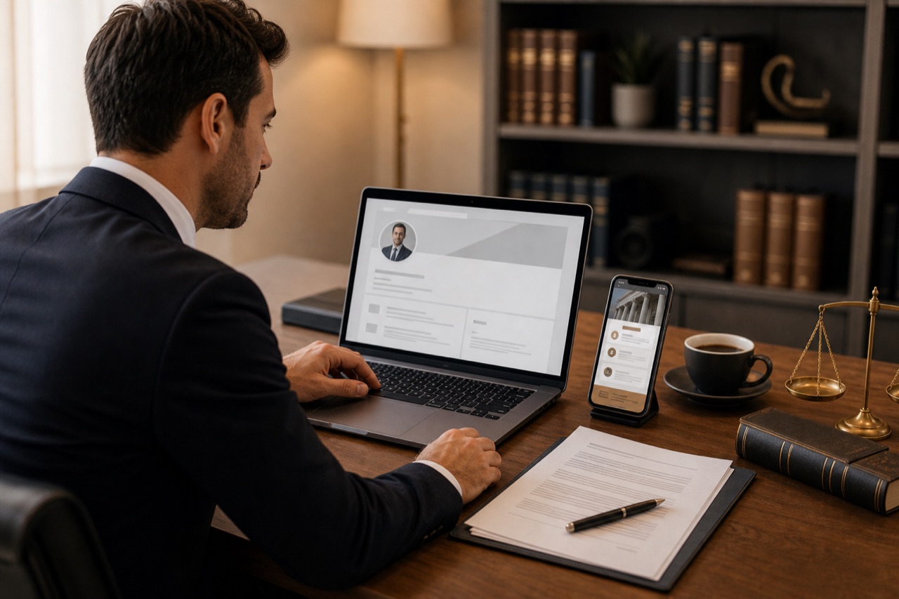 Anwalt betrachtet seine LinkedIn-Präsenz auf dem Laptop neben juristischen Unterlagen auf dem Kanzleischreibtisch.