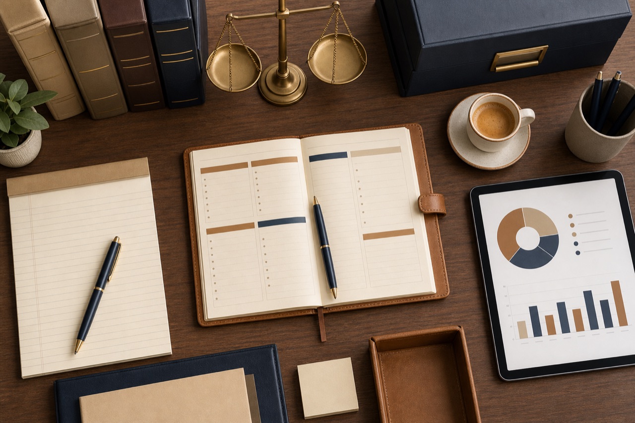 Strukturierter Arbeitsplatz eines Kanzleiberaters mit Strategieunterlagen und digitalem Notizbuch.