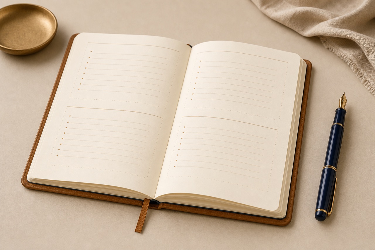 Geöffnetes Notizbuch mit einer übersichtlichen Projektstruktur neben einem Kugelschreiber auf hellem Untergrund.